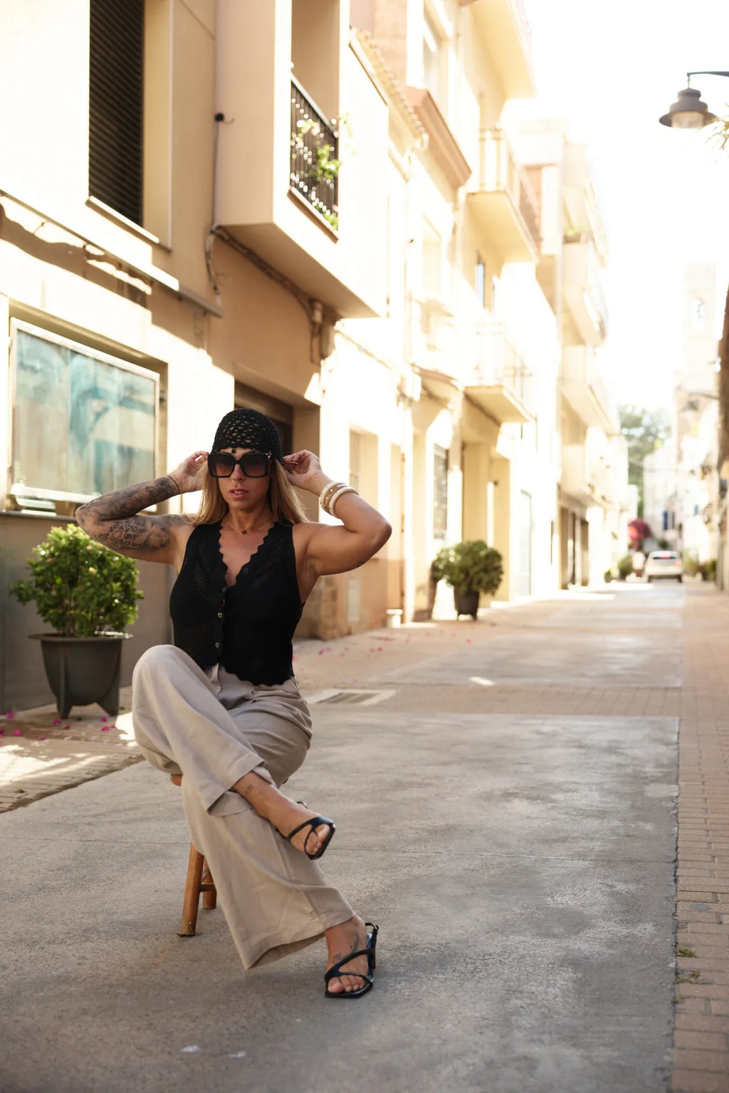 Pantalón palazzo de lino beige